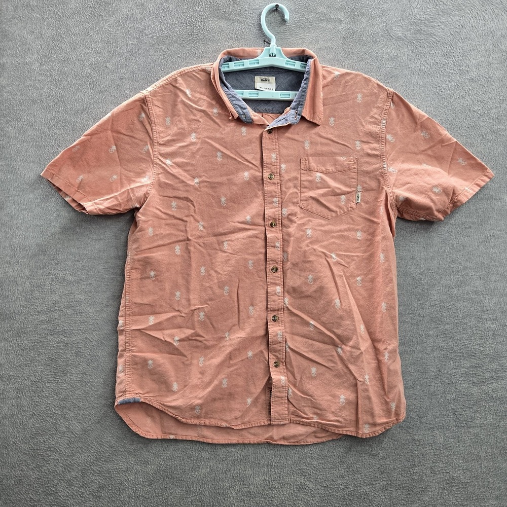Vans Men Button Up Shirt XL Pink Graphic Print Pineapple Pocket‎ Short